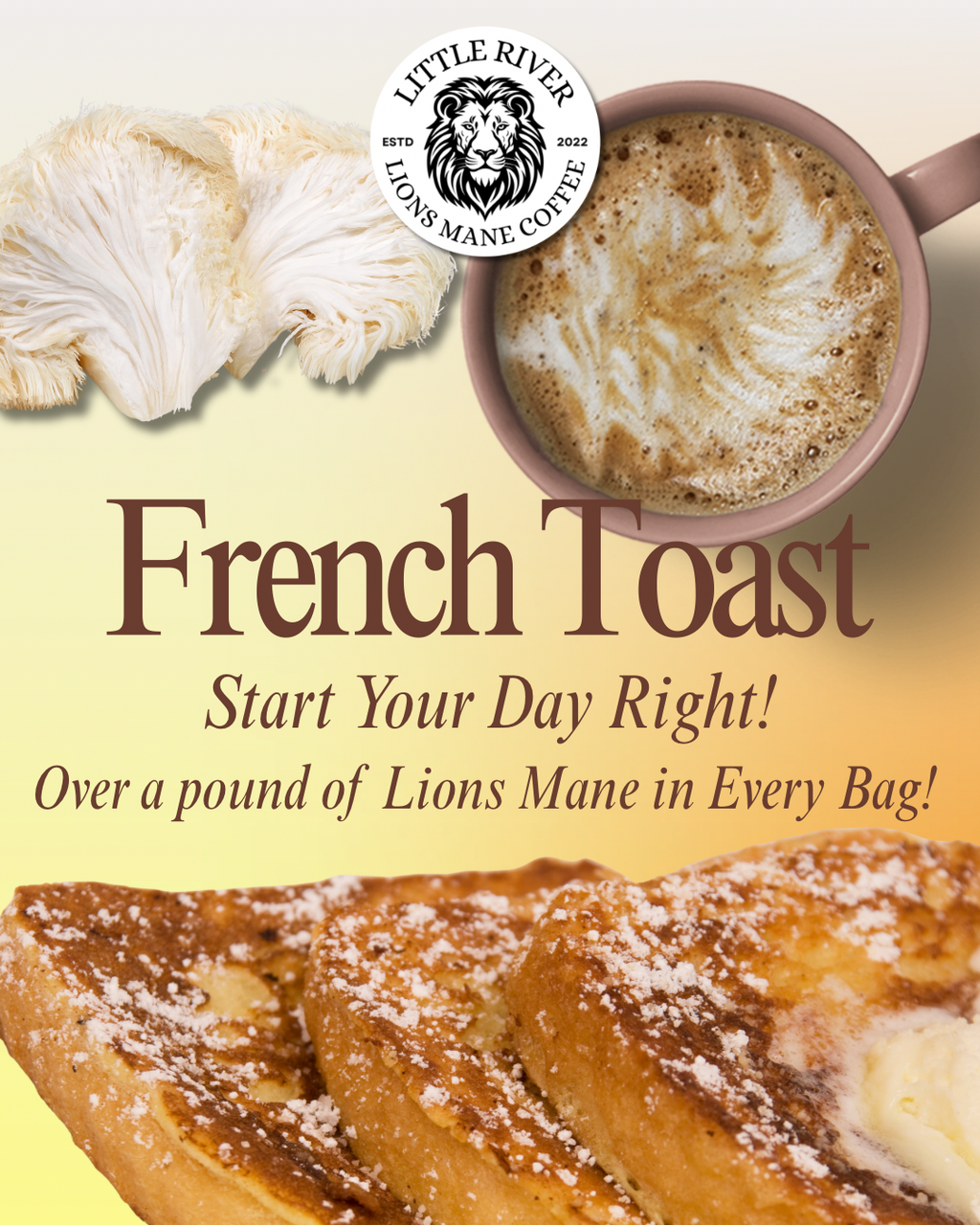 Little River French Toast Lions Mane Coffee artwork with a coffee cup, lion’s mane mushrooms, and French toast