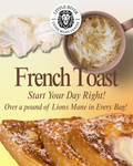 Little River French Toast Lions Mane Coffee artwork with a coffee cup, lion’s mane mushrooms, and French toast
