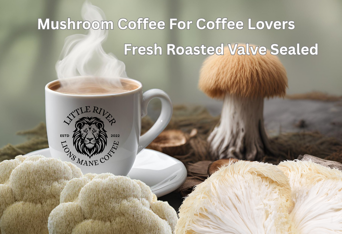 Little River Lions Mane coffee beans, mug, and lion's mane mushrooms